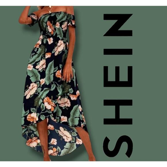SHEIN vacation Tropical Print Bardot Wrap Maxi Dress Small - Picture 9 of 10